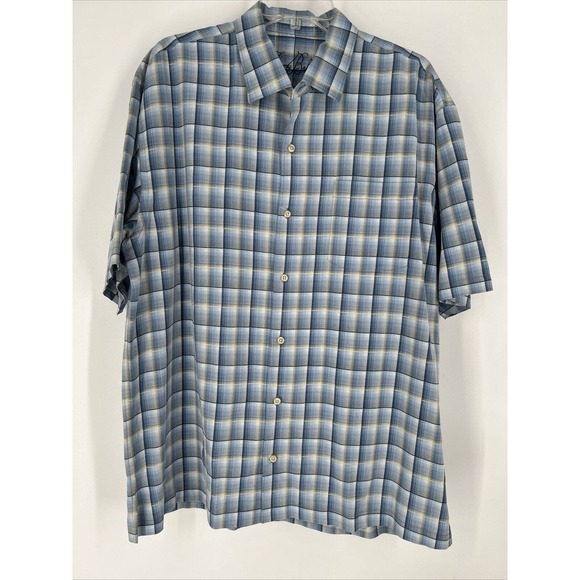 Tommy Bahama‎ Hawaiian Camp Silk Shirt XL Blue Cream Plaid Checks Short Sleeve - Picture 2 of 8